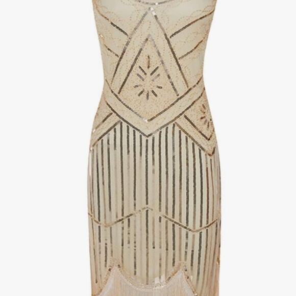 Unique Vintage 1920s Flapper Fringe Beaded Sequins Fringe Ivory dress Sz M #25 - Picture 5 of 6